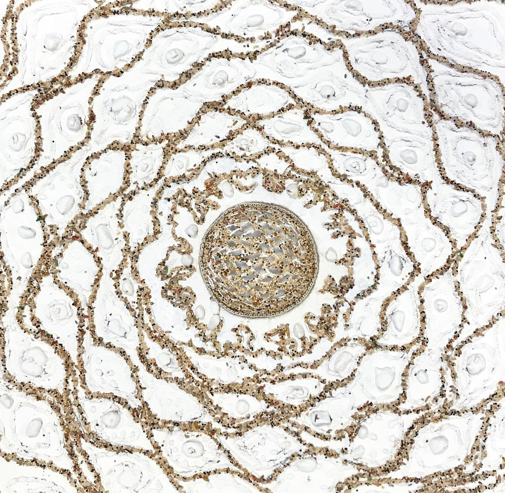 Detailed mixed media artwork on canvas depicting the cellular structure of a Dahlia flower,  as seen through a micrograph, with an emphasis on organic forms, intricate patterns and textures. 