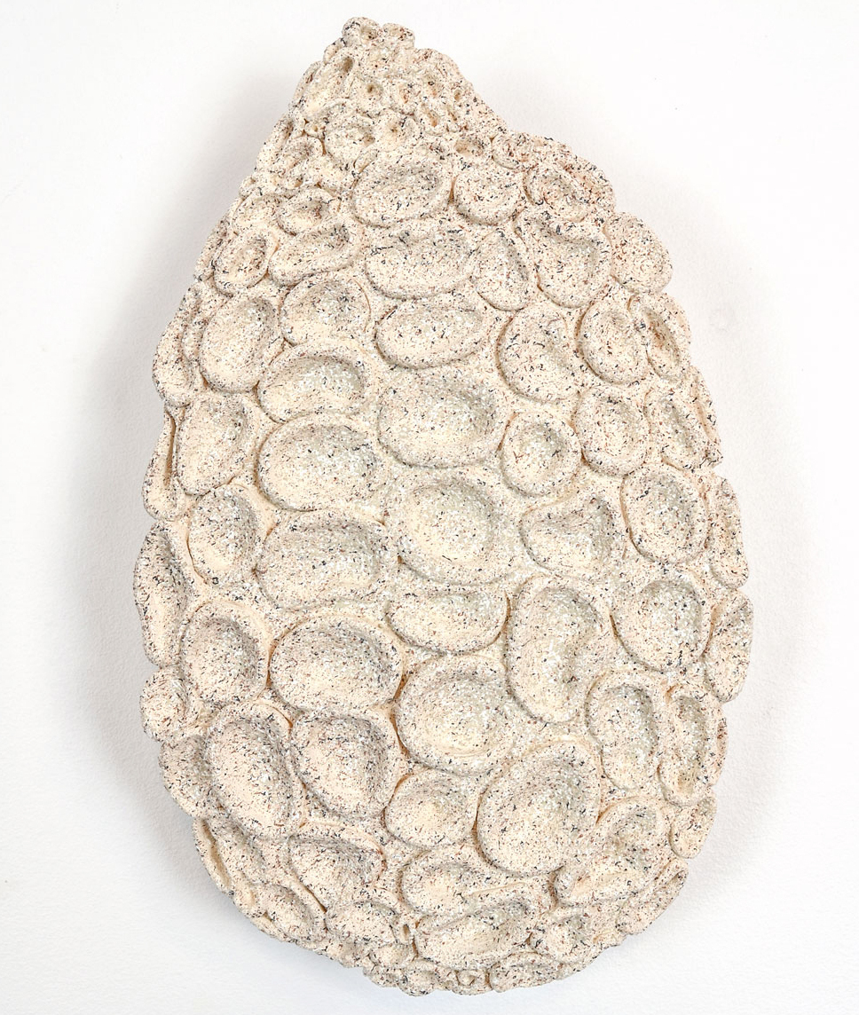 Detailed ceramic wall sculpture depicting the cellular structure of a Drosera plant as seen through a micrograph, with an emphasis on organic forms, intricate patterns and textures. 